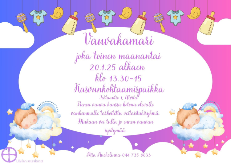 Vauvakamari Jos haluat vauva-arkeen vertaistukea, tule mukaan pieneen turvalliseen ryhmään. Päivät alle 8 kk lapsen* kanssa kotona olevalle vanhemmalle, mukaan voit tulla jo odotusaikana. Tule sellaisena kuin olet, väsyneenä, iloisena, kotivaatteissa. Ota mukaan evää