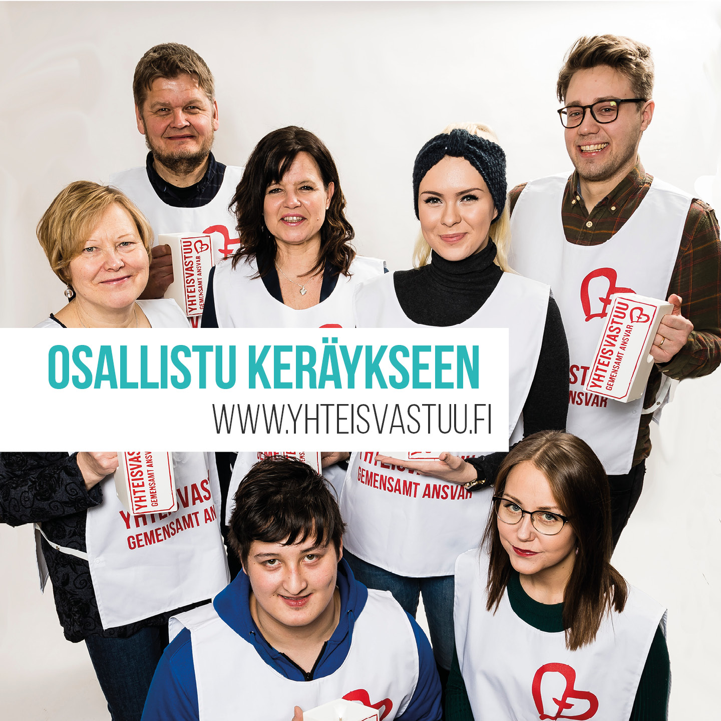 Lipaskeräys Yhteisvastuun hyväksi. Yhteisvastuukerääjiä lippaiden kanssa yv-liivit päällä.
