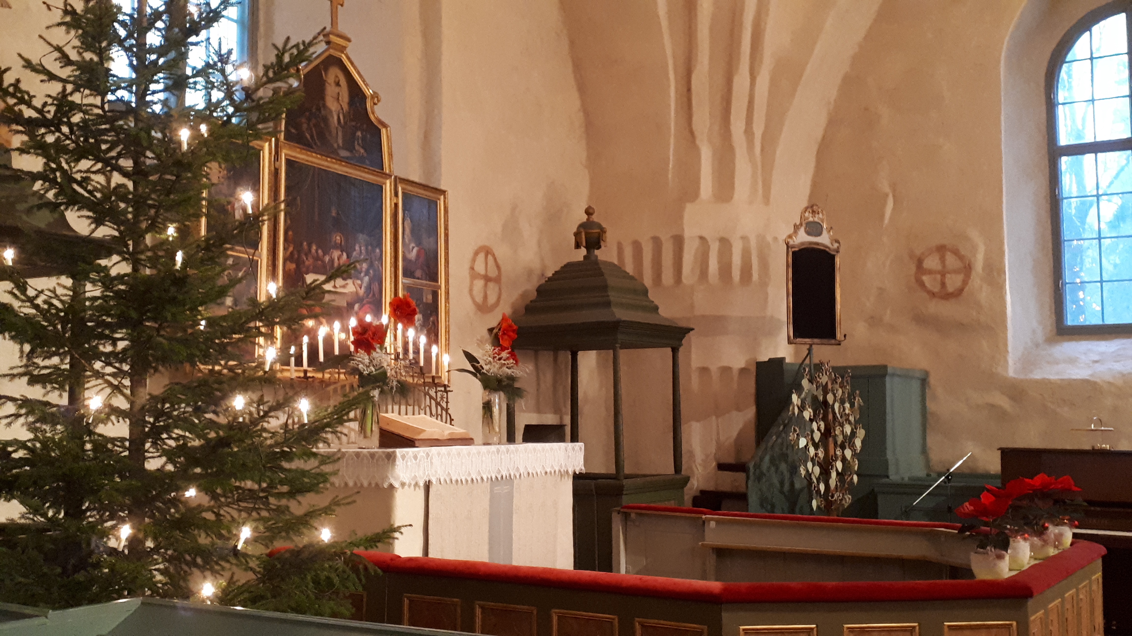 Tapaninpäivän sanajumalanpalvelus Ulvilan kirkon alttari ja valaistu joulukuusi jouluna.